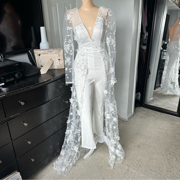 LULU’S IMMACULATE FAVORITE MESH EMBROIDERED CAPE JUMPSUIT - Picture 6 of 17